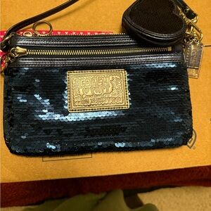 Coach Poppy Sequin Wristlet & Heart Coin Purse – Blue